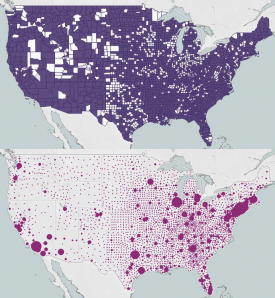 The upper map highlights medically underserved counties throughout the United States while the bottom map shows where payments from the Provider Relief Fund went. The larger the bubble, the bigger the payment.